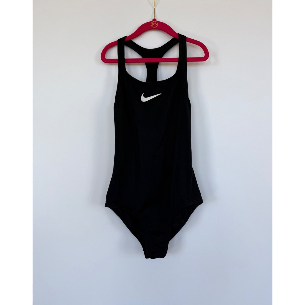 Nike Girls Black Racerback One Piece Swimsuit Size M 10-12 White Swoosh Beach